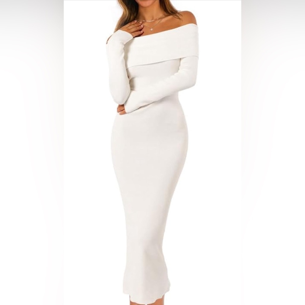 COPY - MEROKEETY Fall Off Shoulder Bodycon Sweater Formal Long Sleeve Elegant D… - Picture 4 of 4
